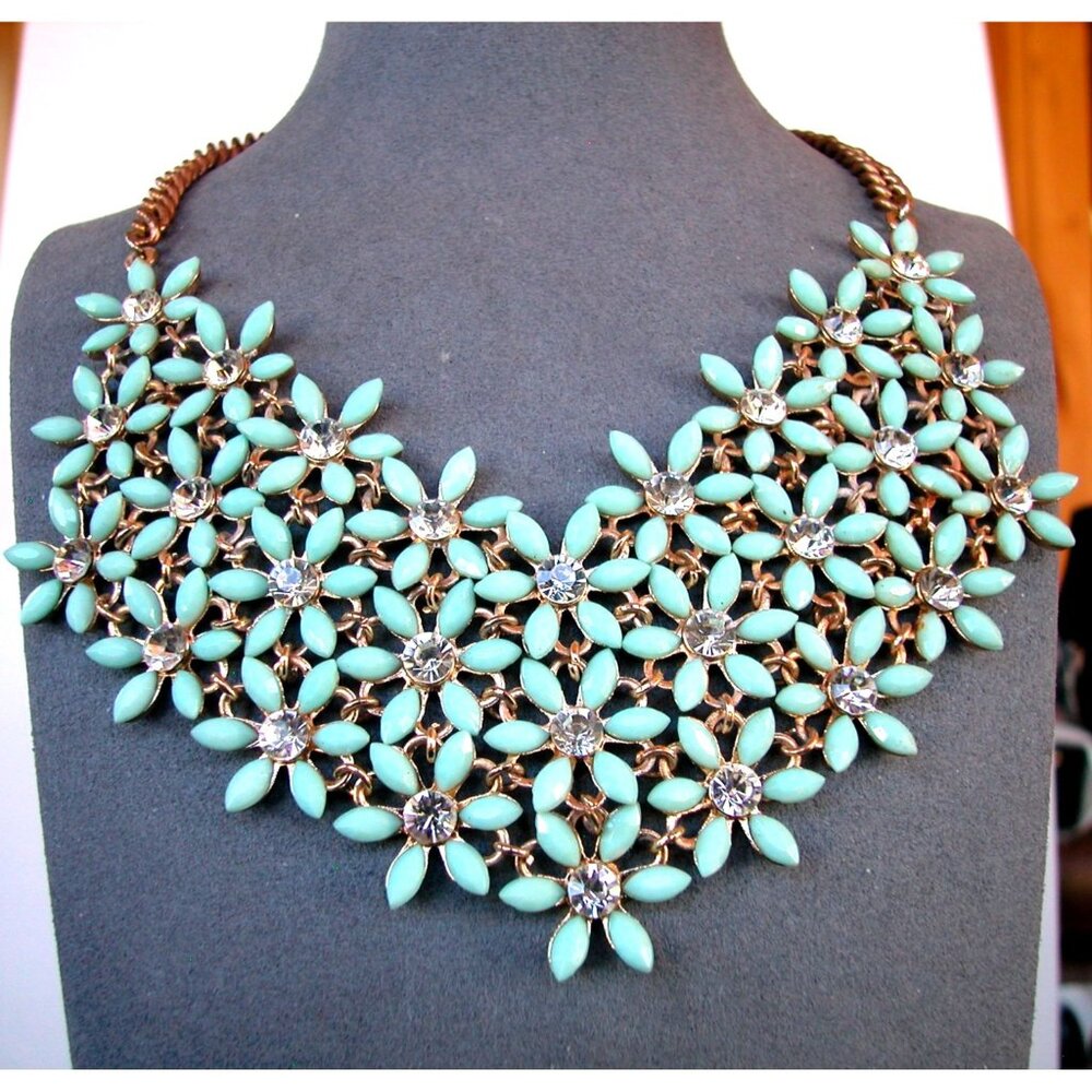 Statement Bib Necklace With Turquoise Color Beads & Rhinestones